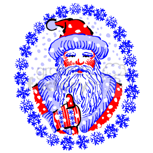 The clipart image depicts a stylized illustration of Santa Claus wearing his iconic red and white hat and outfit, with a long beard and a serious expression. He is surrounded by blue snowflakes on a black background, creating a festive and wintery Christmas scene.