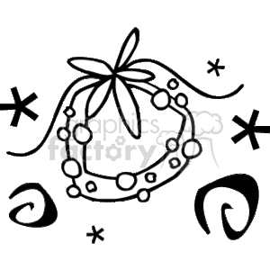 The image is a black and white clipart depicting a stylized Christmas wreath. The wreath is adorned with dots, possibly representing berries, and is topped with a ribbon or bow. Surrounding the wreath are various decorative elements like snowflakes and swirls, which give the impression of a whimsical winter scene.