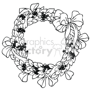 The clipart image features a black and white illustration of a holiday wreath. The wreath is decorated with holly leaves and berries, and it is accented with a bow.