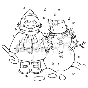 The clipart image depicts a child dressed in winter clothing, including a hat and a scarf, standing next to a snowman. The snowman appears to be adorned with a hat and has branches for arms, with rocks or coal pieces used for its facial features and buttons. There are snowflakes falling around them, indicating it is snowing.