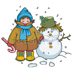 The clipart image features a child dressed in winter clothing, including a brown coat, a blue scarf, and a blue hat, standing next to a snowman. The snowman has buttons, a green hat with holly decoration, a carrot nose, and stick arms. There are snowflakes around them and it appears that the ground is covered with snow, suggesting a winter or Christmas scene with the child possibly having just built the snowman.