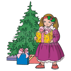 The clipart image depicts a young girl holding a gift next to a Christmas tree. There are also additional wrapped presents placed on the floor. The girl is dressed in a holiday-themed outfit, and she has decorations in her hair that match the season.