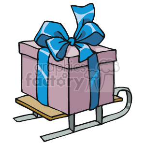 This clipart image features a pink gift with a blue ribbon and bow located on a wooden sleigh with metallic runners.