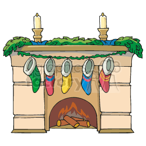 The image displays a festive holiday fireplace adorned for Christmas. Key elements include:
- A mantel decorated with a full garland of greenery and holly berries.
- Two candles lit atop the mantel.
- A warm fire burning in the fireplace hearth.
- Multiple Christmas stockings (five in total) in various colors hung in a row on the mantel.