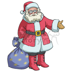 The image is a clipart illustration of Santa Claus. He is depicted with a friendly demeanor, wearing his traditional red and white suit, complete with a belt, glasses, and a hat. Santa is holding a big sack filled with gifts over his shoulder. The sack is blue with yellow stars on it.