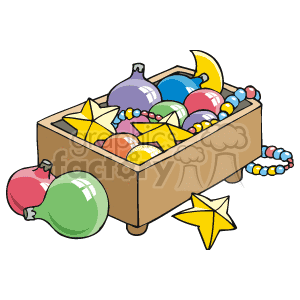 The clipart image shows a box full of colorful Christmas ornaments. There are various ornaments including traditional round bulbs in different colors, some star-shaped ornaments, and what looks like beaded garland or string of beads.