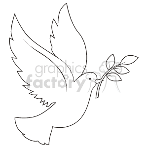The clipart image depicts a dove in mid-flight carrying an olive branch, which is a symbol often associated with peace. The image is rendered in black and white, stylized with bold outlines and minimal detail, giving it a clean and simple appearance suitable for various uses, such as religious contexts, holiday themes, or events promoting peace and harmony.