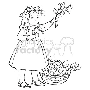 The clipart image features a little girl dressed in a festive outfit, with a wreath of leaves adorning her head. She's holding a bouquet of leaves or perhaps Christmas greenery tied with a ribbon. Next to her is a basket overflowing with more leaves or greenery, suggesting a theme of gathering or decoration which could relate to Christmas wreaths or arrangements.