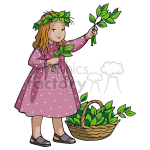 The clipart image features a little girl wearing a pink polka dot dress and sandals, with a laurel wreath on her head. She is holding a sprig of green leaves in her right hand and appears to be either playing with it or examining it thoughtfully. There's also a basket filled with similar greenery next to her.