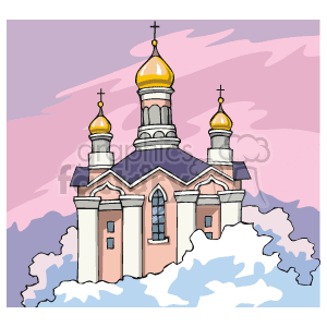 The clipart image depicts a religious building resembling a church or cathedral, with characteristic architecture such as domes topped with crosses, which suggests Eastern Orthodox influence. The building is pink with blue and white accents, and there are snowdrifts around its foundation, implying that it's winter or located in a snowy environment. The sky in the background has shades of purple and pink, which could suggest either dawn or dusk.