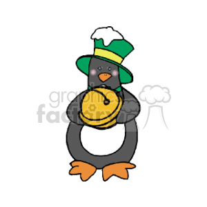 This clipart image features a cartoon penguin wearing a green and yellow Christmas-themed hat, holding a giant bell. The penguin also has a cheerful expression on its face.
