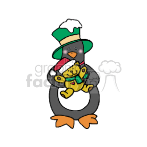 This clipart image features a cartoon penguin dressed in holiday-themed attire. The penguin is wearing a green and white top hat and is holding a yellow teddy bear with a red bow. The penguin appears to be smiling and has a festive look.