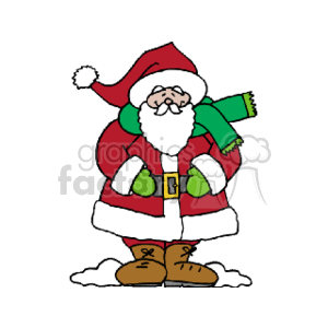 The clipart image shows a cheerful Santa Claus. He is wearing his traditional red suit with white fur trim, a black belt with a gold buckle, red pants, a red hat with a white pompom, and brown boots. He also appears to be standing on snow and is sporting a green scarf.