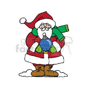 This clipart image depicts Santa Claus standing on snow, wearing his iconic red suit with white fur trim, black belt, and brown boots. He has a green scarf around his neck, and he is holding a blue ornament in his hand. Santa is also wearing a red hat with a white pom-pom on the end and has a white beard and mustache.