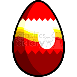 The image is a clipart illustration of a single Easter egg. The egg is decorated with a vibrant red color and features additional decorative elements such as a yellow stripe pattern and a white oval shape in the center.