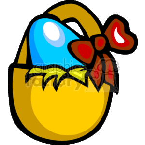 The clipart image is of a decorated Easter egg sitting inside a basket. The egg is blue with a glossy highlight indicating its shiny surface, and it's adorned with a ribbon bow that seems to have a red heart-shaped pattern. 