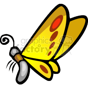 The image is a colorful clipart illustration of a yellow butterfly with red spots on its wings. The butterfly has a stylized appearance with a simple black outline and a cartoony feel to it.