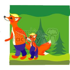 The clipart image shows two anthropomorphic foxes, which appear to depict a father and child, standing in a forest setting with trees in the background. The larger fox, presumably the father, wearing shorts and a t-shirt walks towards the left of the image, while the smaller fox, likely representing the child, stands behind him, emulating the father's stance.