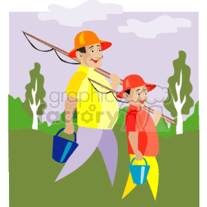 The clipart image depicts a father and his son dressed in casual outdoor clothing, with the father wearing a yellow shirt, grey trousers, and an orange hat, and the son wearing a red shirt, yellow shorts, and a red hat. Both are carrying fishing poles over their shoulders and blue buckets, likely for the fish they plan to catch. The background suggests they are outdoors with greenery and trees, perhaps on their way to a fishing spot. The image captures a moment of family bonding and outdoor recreational activity.