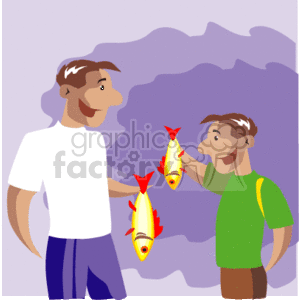 The clipart image depicts a scene of a father and his young son enjoying a fishing activity. The father, a man standing on the left, appears to be looking down at his son with pride or interest. The son, a small boy on the right, is holding up a fish that they have presumably caught, showing it to his father. Both father and son are casually dressed, suggesting a relaxed, leisurely atmosphere suitable for family bonding during holidays or vacation.