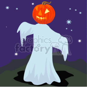 The clipart image depicts a Halloween-themed scene featuring a ghost with a jack-o'-lantern pumpkin head. The background shows a night sky dotted with stars and some dark hills or mountains at the base. The ghost appears to be floating or hovering above the ground.