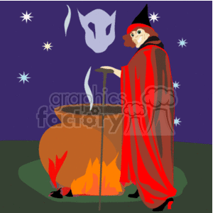 The clipart image features a Halloween theme with a witch standing next to a large cauldron. The witch is wearing a red cape with a hood and holding a staff. There's a fire beneath the cauldron, indicating that a brew is being prepared. The background is a dark purple with white stars, and there's a stylized white ghost mask floating above. 