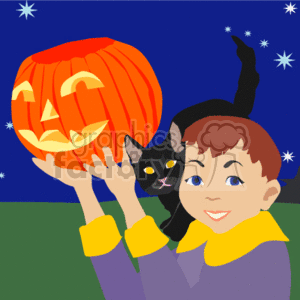 A boy holding a halloween pumkin with a black cat on his shoulder