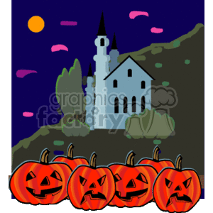 The image depicts a nighttime Halloween scene with a row of six carved jack-o'-lanterns in the foreground. Each pumpkin has a different face, varying from spooky to slightly amused expressions. In the background, there's a haunted house or castle on top of a hill, with a few small trees around it. The house has pointed towers and tall windows, giving it a gothic appearance. There is also a full moon or large moon partially obscured and several clouds in the dark blue sky.