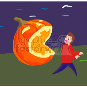 The image is a stylized clipart that features a scene where a large, menacing jack-o'-lantern is chasing a visibly frightened man. The background suggests it could be nighttime, enhancing the spooky Halloween theme.