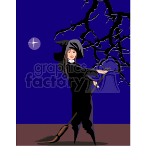 The clipart image depicts a witch in traditional Halloween garb. She is dressed in black with a pointed witch's hat, and is holding a broomstick. She appears to be standing on the ground with a smiling expression. The background is a dark blue night sky with a bare tree and a crescent moon, which creates a spooky atmosphere typical of Halloween-themed visuals.