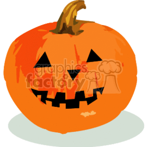 In this clipart image, there's a carved pumpkin with a smiling jack-o'-lantern face commonly associated with Halloween. The pumpkin has a classic triangular nose and eyes, and jagged mouth cutouts, with a stem on top.