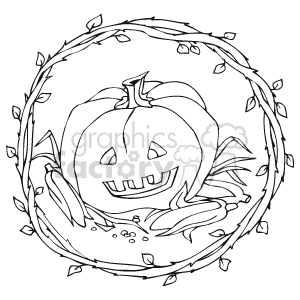 The clipart image depicts a carved pumpkin with a smiling face, commonly referred to as a jack-o'-lantern, surrounded by fallen leaves. It's a simple line drawing, likely designed for coloring activities or as a graphic element for Halloween-themed materials.