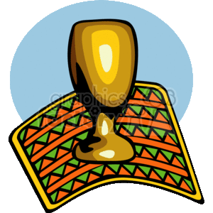 The clipart image depicts a Kwanzaa kinara cup resting on a vibrant, patterned mat that represents the African heritage. The cup is likely meant to symbolize one of the seven candles (mishumaa saba) used during the Kwanzaa celebration, each one representing one of the seven principles (nguzo saba). The mat underneath the cup is likely a representation of the mkeka, which is a mat used during Kwanzaa to symbolize tradition and history.