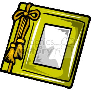 The clipart image features a stylized picture frame in shades of green with a bold yellow contour line. An ornamental yellow bow with tassels is attached to the top left corner of the frame.