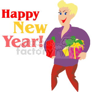The clipart image depicts a person holding a gift in one hand and another gift or a party favor, in the other hand. Above the person is the text Happy New Year! which suggests that this image is meant to celebrate the New Year holiday. The person is smiling and looks ready to join a celebration or a party.