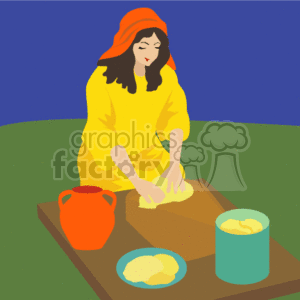This image depicts a scene with a woman in a yellow garment with a red headscarf preparing food at a picnic. She is kneeling on a green blanket or mat with an ochre jug, a blue container, and a plate of flatbreads laid out on a brown rectangle that could represent a tablecloth or a wooden board. The background is split horizontally with a blue upper half and green lower half, suggesting an outdoor setting.