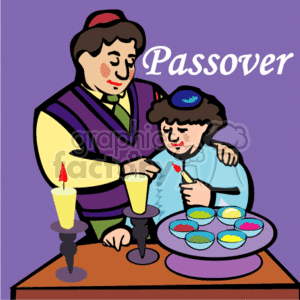This clipart image depicts a Passover celebration featuring two animated characters participating in the holiday. A man and a boy appear to be engaging in the Passover Seder, a traditional Jewish ritual meal. The man is standing, wearing a vest and a kippah (yarmulke), holding what appears to be a cup of wine, with an affectionate look towards the boy. The boy, also wearing a kippah, is seated at the Seder table. In front of the boy is a Seder plate containing symbolic foods, each with its own significance in the Passover ritual. The plate includes items typically found on a Seder plate such as a shank bone, an egg, bitter herbs, charoset (a sweet, dark-colored paste), karpas (vegetable), and chazeret (another form of bitter herbs). There are also lit candles on the table, which are traditionally part of the holiday table setting. The word Passover is prominently displayed above the characters, suggesting the theme of the image. 