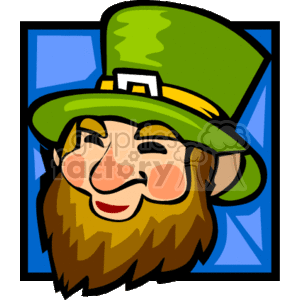 The image is a cartoon-style clipart of a leprechaun. The leprechaun has a friendly face with rosy cheeks, an orange beard, a green top hat, and is surrounded by a blue background. This type of image is often associated with St. Patrick's Day.