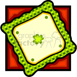 The clipart image features a themed graphic for St. Patrick's Day. It includes a central square with rounded corners, colored in shades of cream or light yellow with a single four-leaf clover or shamrock in the center. The square has a green plaid or gingham-style border with dots at each corner. This is overlaid on what appears to be a layered border, with a green patterned layer underneath and a reddish layer with a Celtic-knot-like pattern at the bottom. The whole graphic has a festive and decorative feel suitable for the holiday.