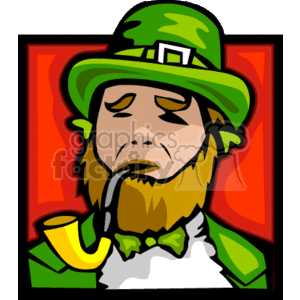 This clipart image features a stylized leprechaun associated with St. Patrick's Day. The leprechaun has a green hat with a buckle, a green bow tie, a large orange beard, and is smoking a yellow pipe. The background has a gradient of red to green light.