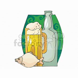 Mug of foamy beer with bottle and a fish