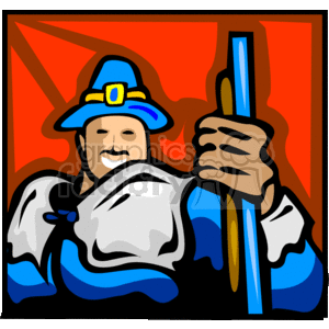 The clipart image depicts a stylized representation of a man that could be interpreted as a pilgrim, which is associated with Thanksgiving in the United States. The man is wearing a blue hat with a yellow buckle, which is characteristic of the attire often attributed to the pilgrims who celebrated the first Thanksgiving. He has a happy expression on his face and is holding a musket or a long rifle, which pilgrims would have used for hunting or defense during their time.
