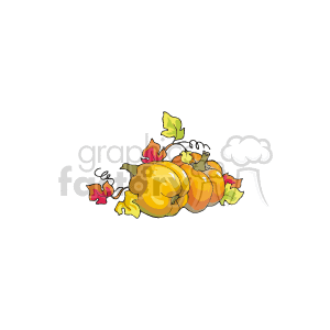 The image depicts a group of pumpkins alongside autumn leaves, which are commonly associated with the fall season and holidays such as Thanksgiving and Halloween.