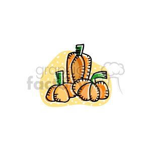This clipart image depicts a group of stylized pumpkins in various shapes and sizes. The pumpkins have prominent lines indicating sections and are colored in shades of orange, each featuring a green stem. The pumpkins are set against a speckled background that suggests a festive atmosphere.