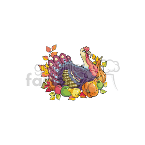 The image is a colorful and vibrant clipart illustration of a turkey. The turkey has a large fan of feathers, depicted in various colors including purple, blue, red, and gold. Alongside the turkey, there are pumpkins and autumn leaves, suggesting a Thanksgiving theme.