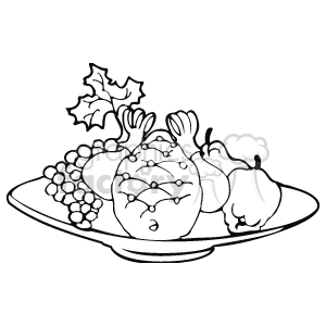 The clipart image features a traditional Thanksgiving feast with a roasted turkey at the center of a plate, surrounded by bunches of grapes, an apple, and leaves, possibly indicating fall foliage like maple leaves.