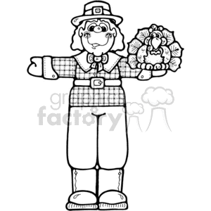 The clipart image depicts a cartoon figure dressed as a Thanksgiving pilgrim. The pilgrim character is styled with traditional attire, including a hat with a buckle, a checkered shirt, and pants. The character is holding a platter with a turkey decorated with vegetables, conveying a festive Thanksgiving theme, often associated with the history of the holiday in the United States.