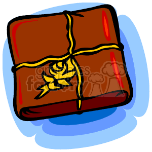The image depicts a stylized cartoon of a wrapped gift or present. The gift is primarily brown with a yellow ribbon tied around it, and a bow on top. It appears to be casting a blue shadow below it, indicating it is resting on a surface. 