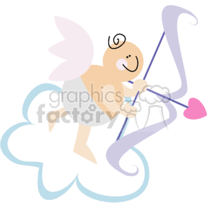 This clipart image features a whimsical depiction of a cupid or angel with wings, floating on a cloud. The character is aiming a bow and arrow, with the arrowhead shaped like a heart, which aligns with typical Valentine's Day iconography. The cupid has a smiling face with a small spiral line for hair. The color palette includes pastel shades with prominent use of pinks, purples, and blues, which adds to the festive and romantic theme of the image.
