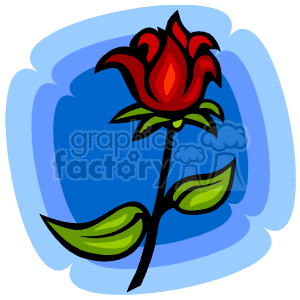 This clipart image features a stylized red rose with a green stem and leaves, set against a blue background. The rose is depicted in a simplistic, cartoon-like manner.